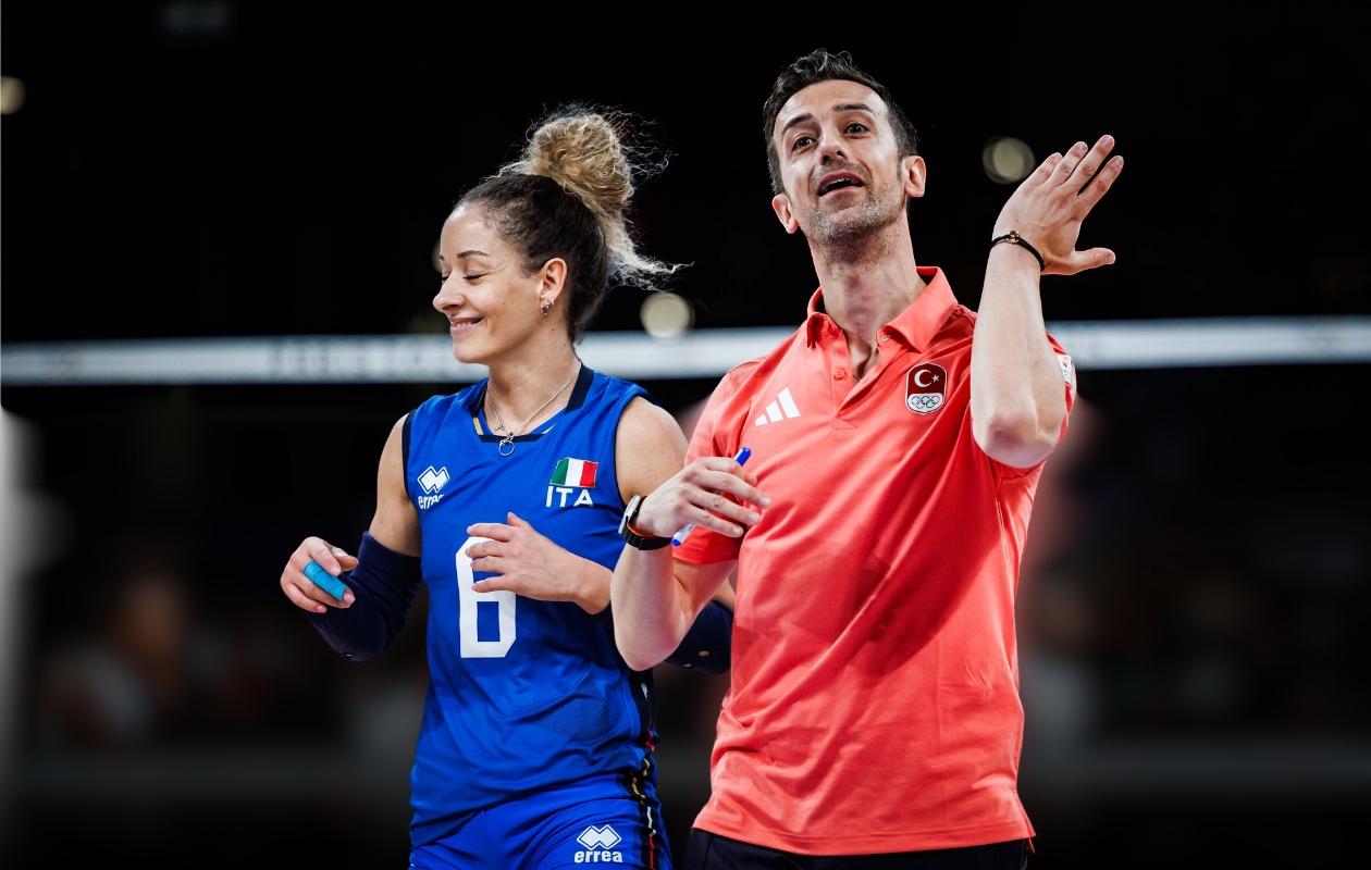 Turkish national women's volleyball team coach Santarelli and his wife Monica De Gennaro, who plays for the Italy's women's volleyball team, at Paris 2024 Olympics, France, August 8, 2024. (Photo by Volleyball World)