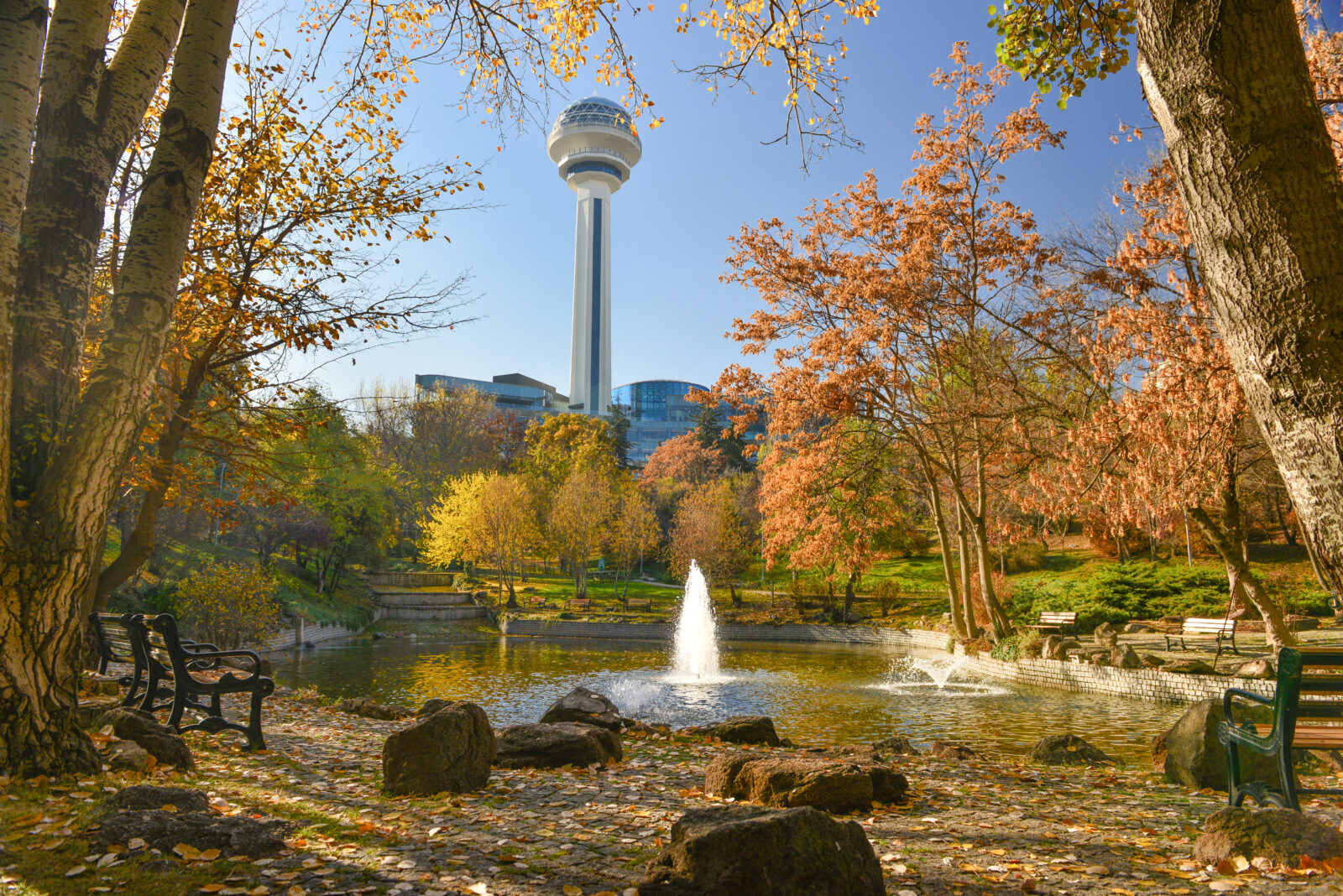 Autumn colors frame Atakule Tower at Botanic Park in Ankara, Türkiye, accessed on March 24, 2025. (Adobe Stock Photo)