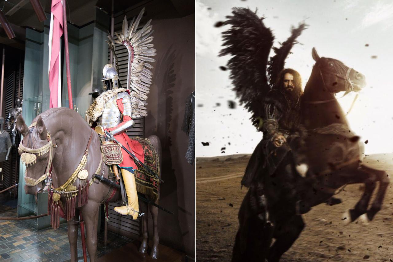 Reconstruction using 17th-century Polish Winged Hussars' armour at Polish Army Museum (L); Cem Ucan in Vlad the Impaler, 2018 (R). (Photo collage by Türkiye Today team)